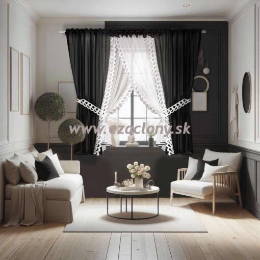 Farebná záclona INGA s krajkou – 400 x 160 cm - KRÁTKA ČIERNA