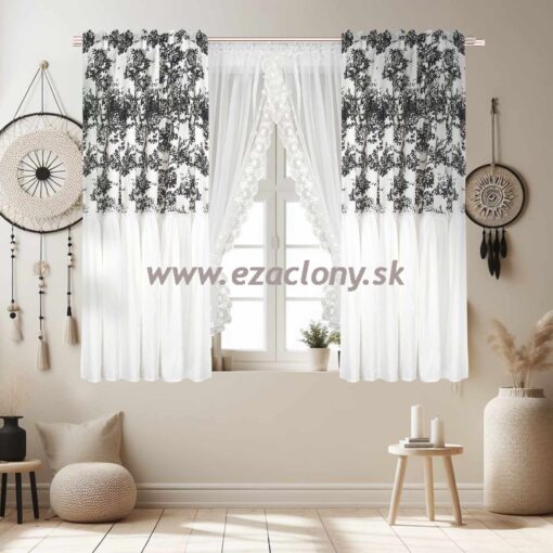 Kvetinový závesový set PUELA - záclony + závesy - KRÁTKA ČIERNA