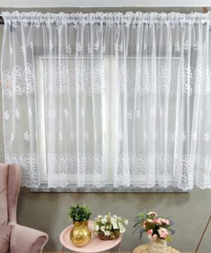 Krátka biela vyšívaná záclona IVANA – 400 x 150 cm - VZOR 7057