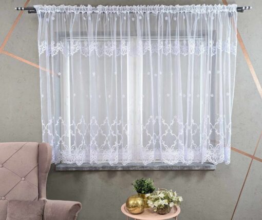 Krátka biela vyšívaná záclona IVANA – 400 x 150 cm - VZOR 6071
